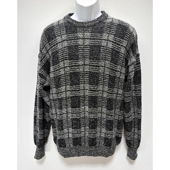 Vintage 90's Knightsbridge Black Gray Geometric Acrylic Sweater Men's XL - Picture 1 of 4